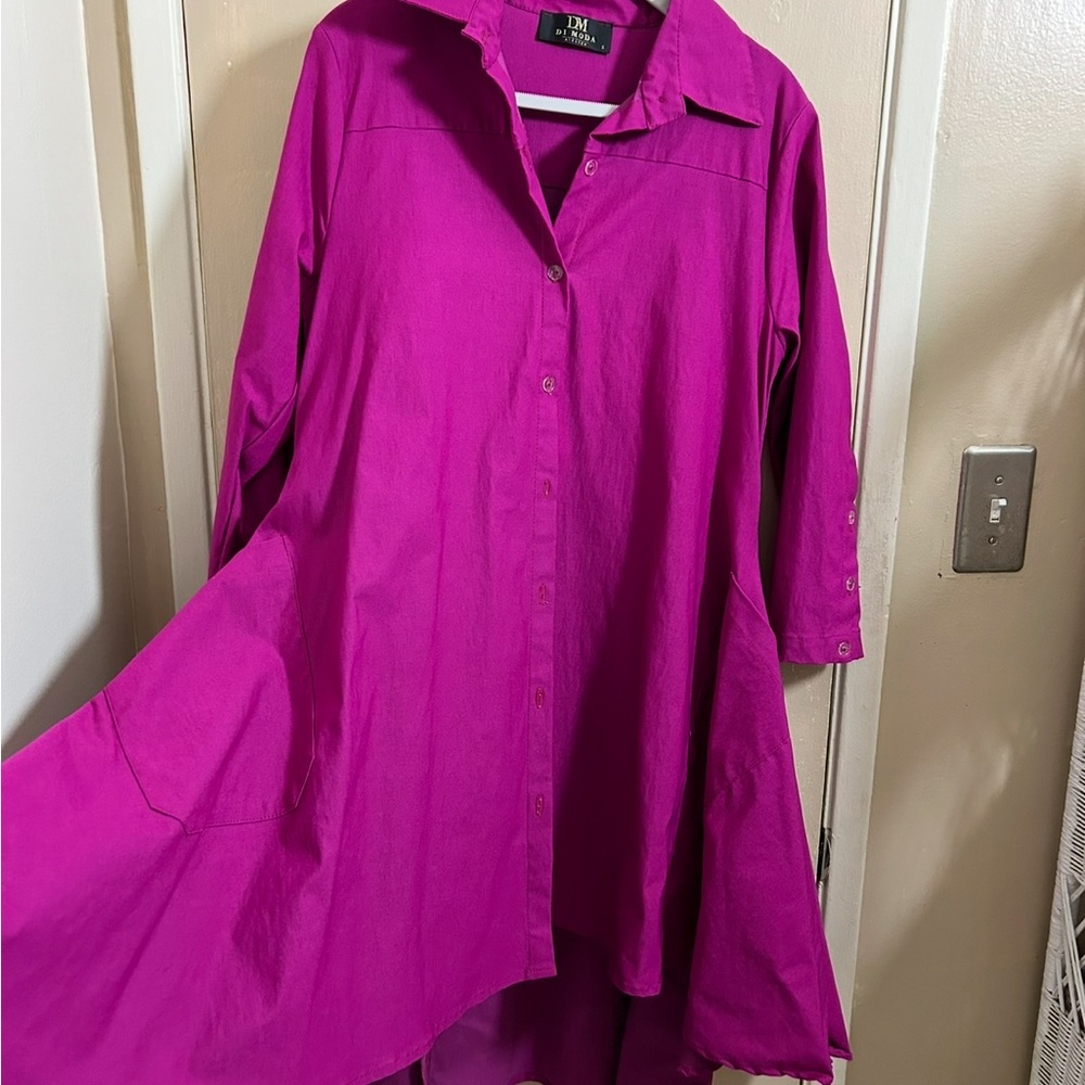 Di Moda Hot Pink Button-Up Shirt Dress Tunic Flowy Stretchy Fabric